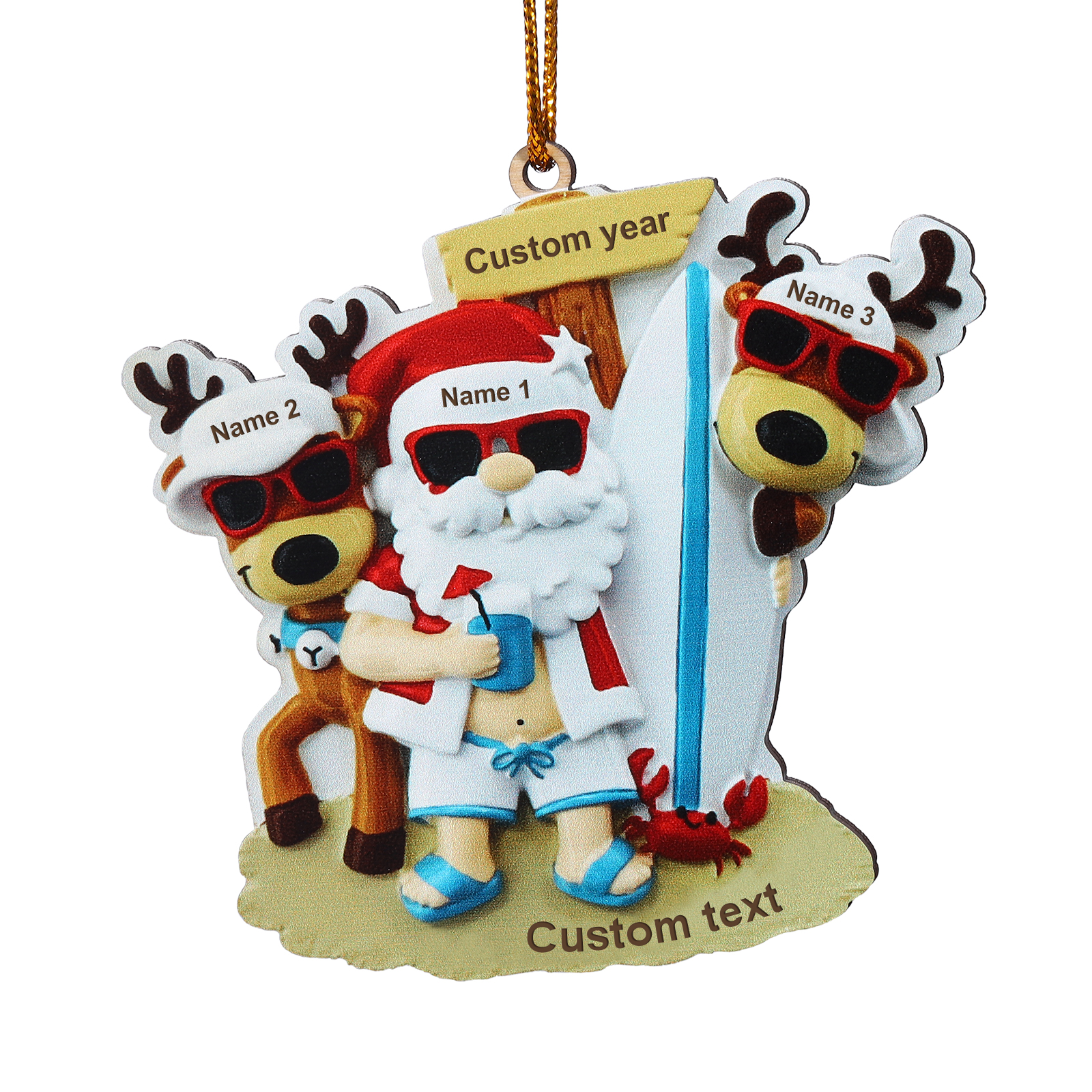 3 Names - Personalised Beach Santa Hanging Ornament Custom Text & Year Wooden Family Christmas Gift for Dad/Grandpa