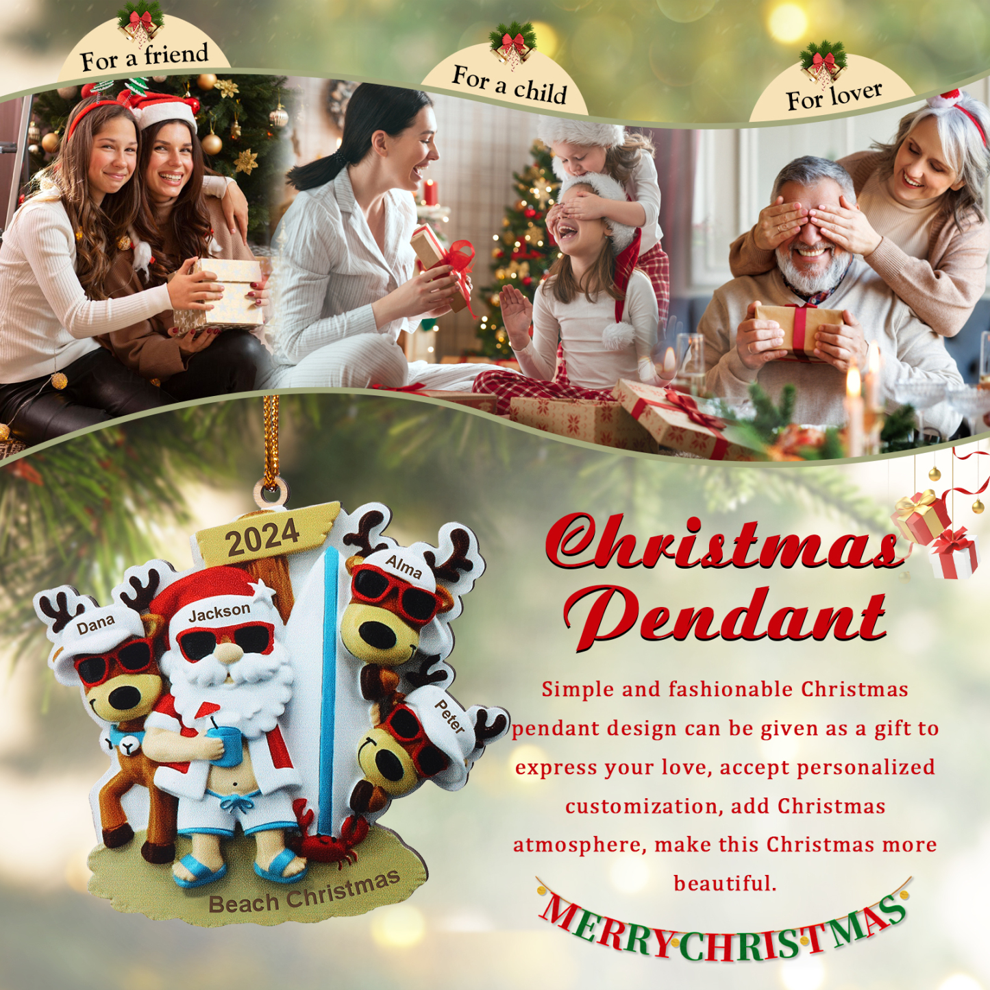 4 Names - Personalised Beach Santa Hanging Ornament Custom Text & Year Wooden Family Christmas Gift for Dad/Grandpa-Jessemade AU