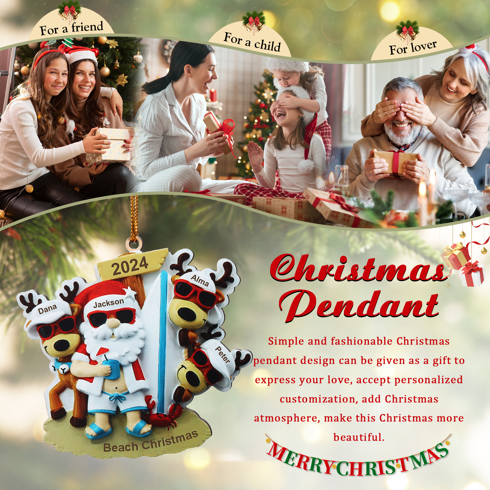 4 Names - Personalised Beach Santa Hanging Ornament Custom Text & Year Wooden Family Christmas Gift for Dad/Grandpa-Jessemade AU