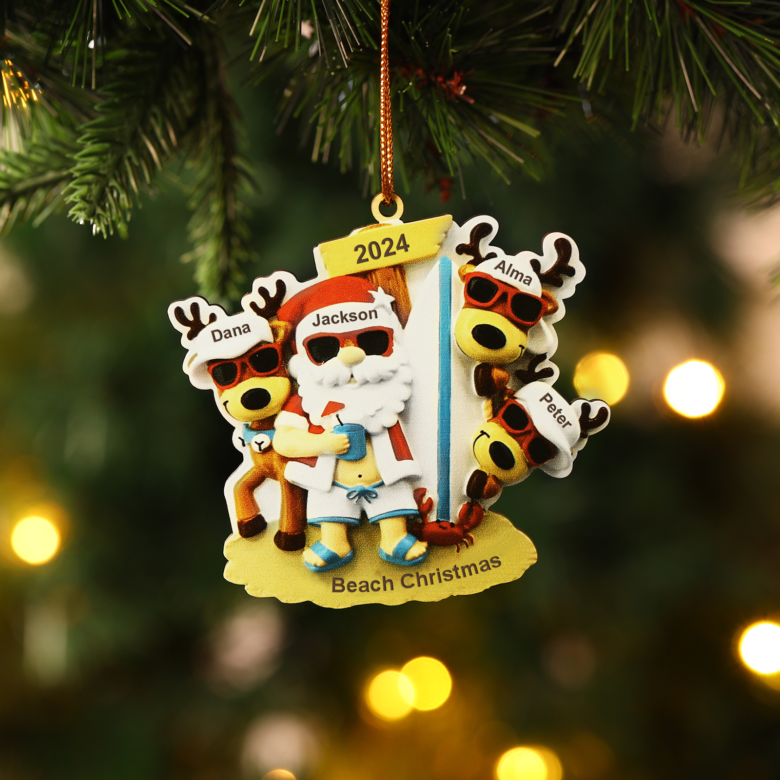 4 Names - Personalised Beach Santa Hanging Ornament Custom Text & Year Wooden Family Christmas Gift for Dad/Grandpa