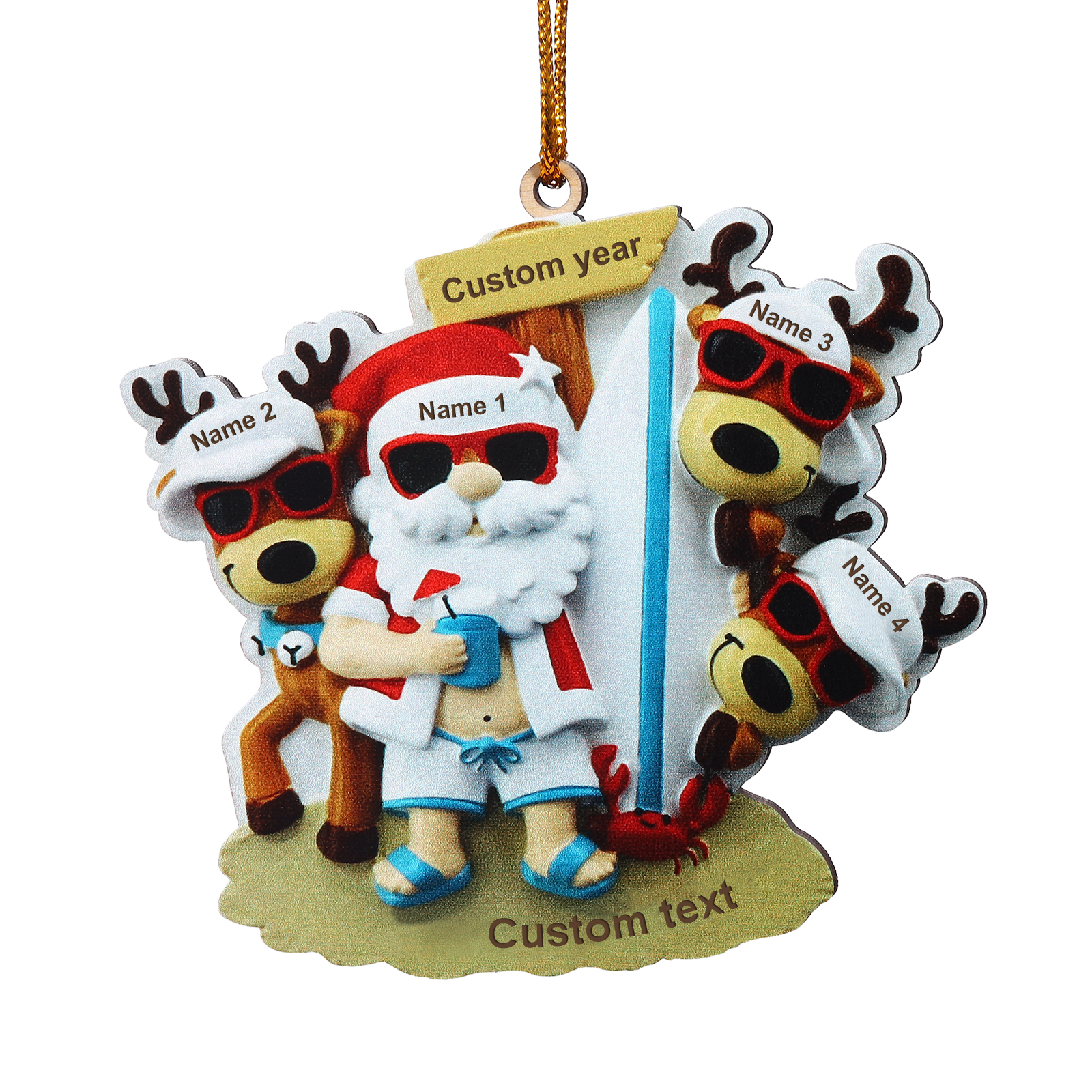 4 Names - Personalised Beach Santa Hanging Ornament Custom Text & Year Wooden Family Christmas Gift for Dad/Grandpa