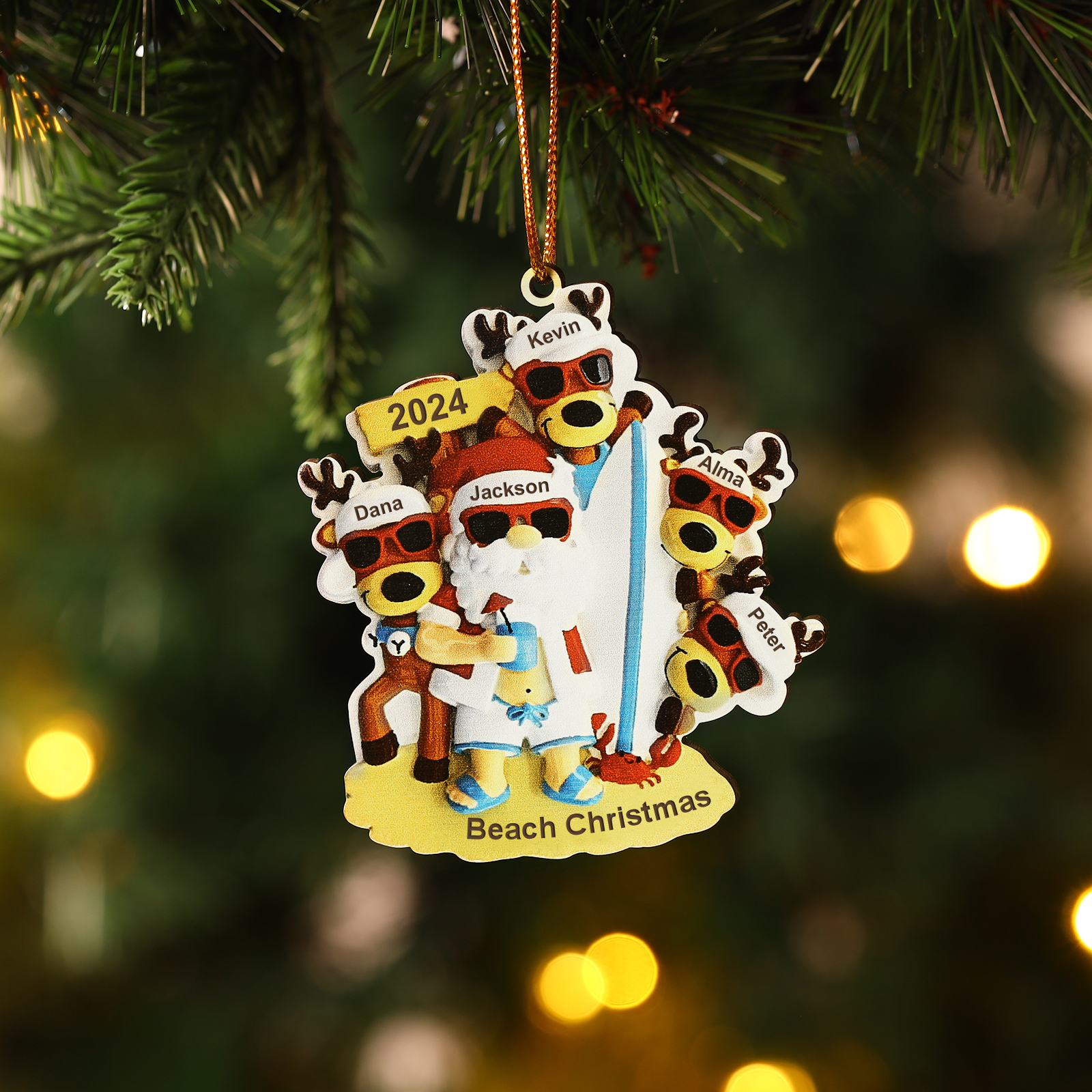 5 Names - Personalised Beach Santa Hanging Ornament Custom Text & Year Wooden Family Christmas Gift for Dad/Grandpa