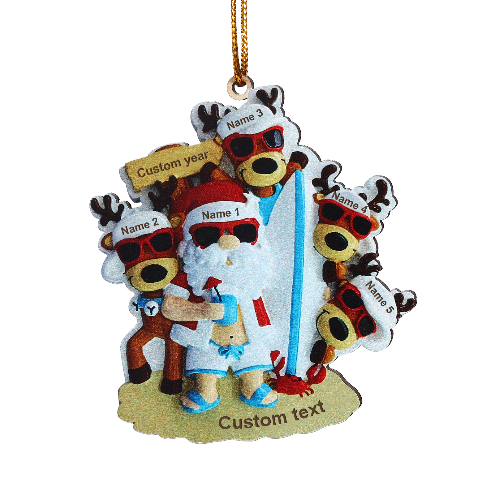 5 Names - Personalised Beach Santa Hanging Ornament Custom Text & Year Wooden Family Christmas Gift for Dad/Grandpa