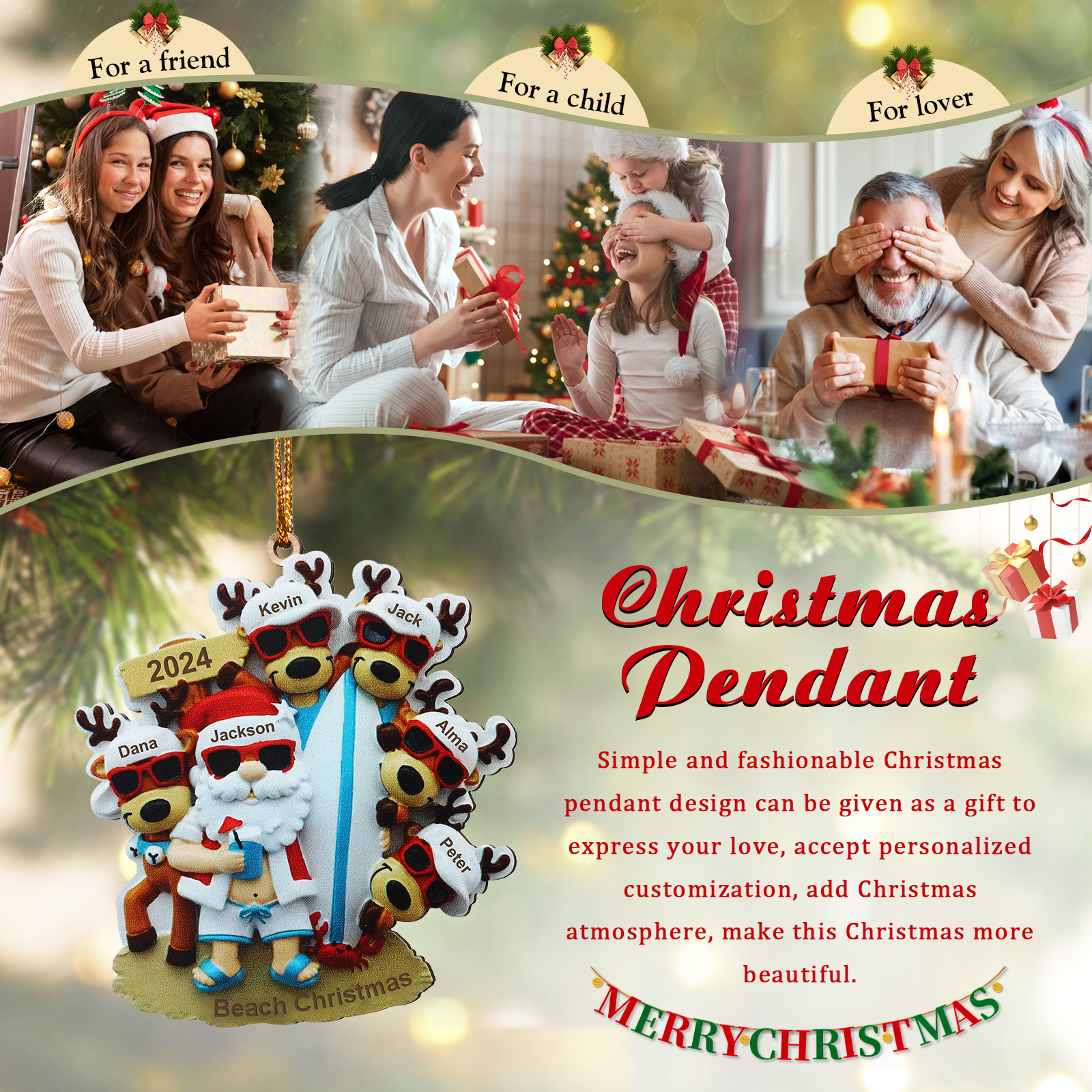 6 Names - Personalised Beach Santa Hanging Ornament Custom Text & Year Wooden Family Christmas Gift for Dad/Grandpa-Jessemade AU