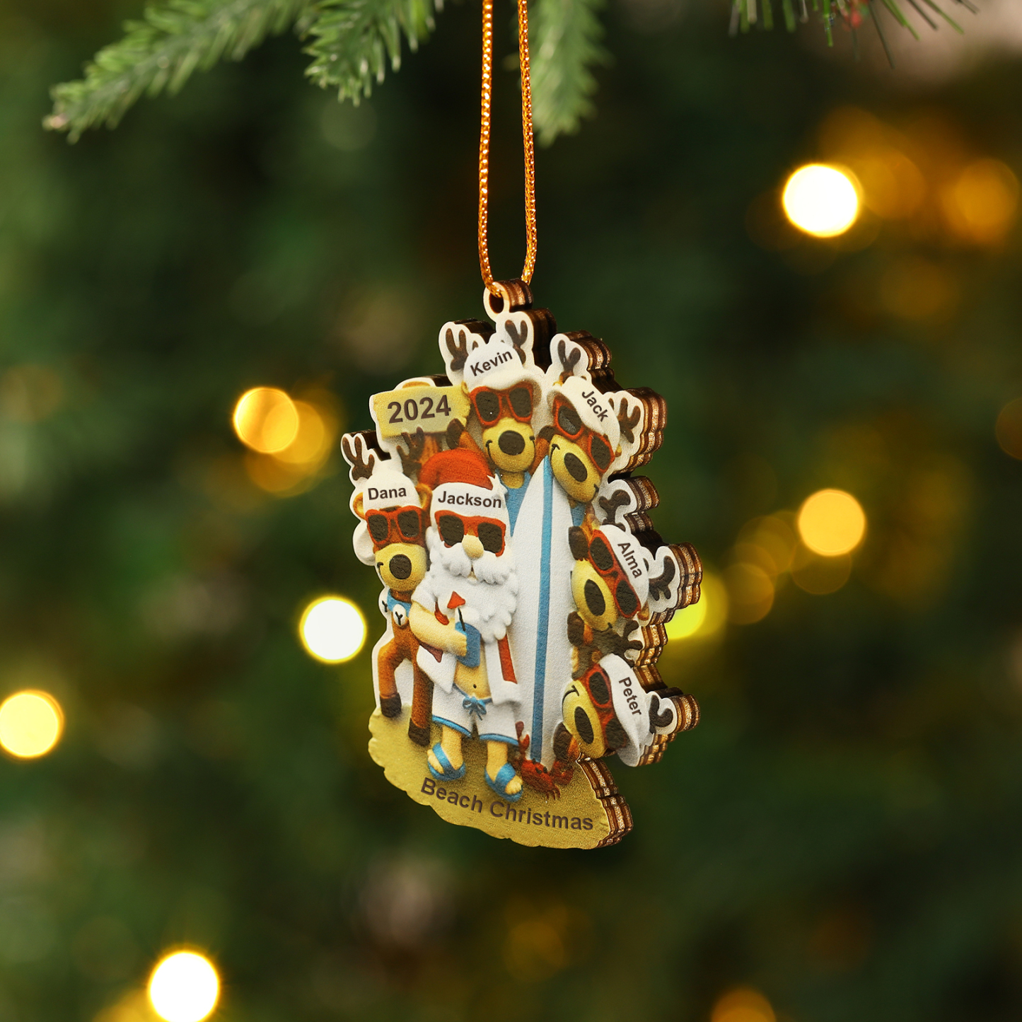 6 Names - Personalised Beach Santa Hanging Ornament Custom Text & Year Wooden Family Christmas Gift for Dad/Grandpa-Jessemade AU