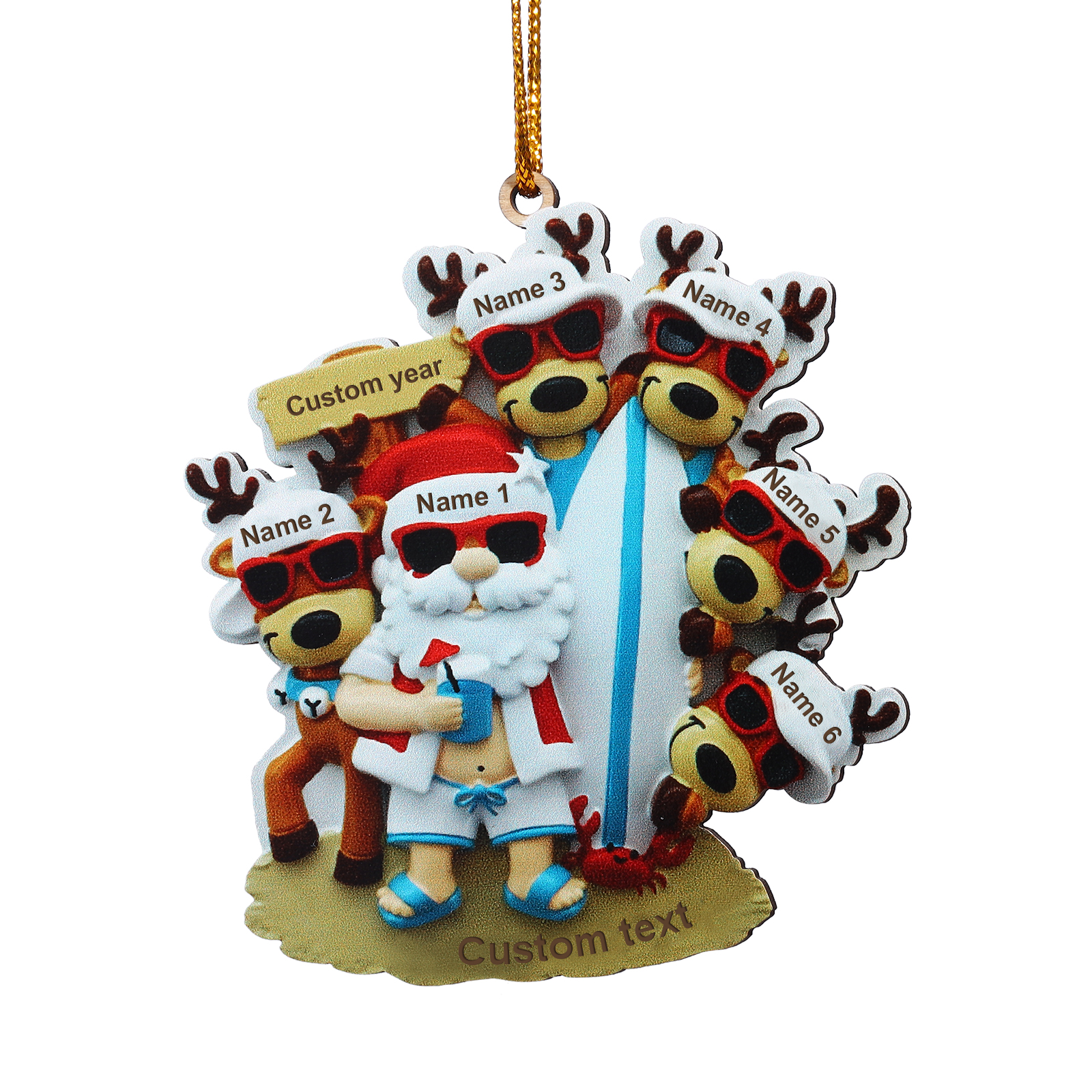 6 Names - Personalised Beach Santa Hanging Ornament Custom Text & Year Wooden Family Christmas Gift for Dad/Grandpa
