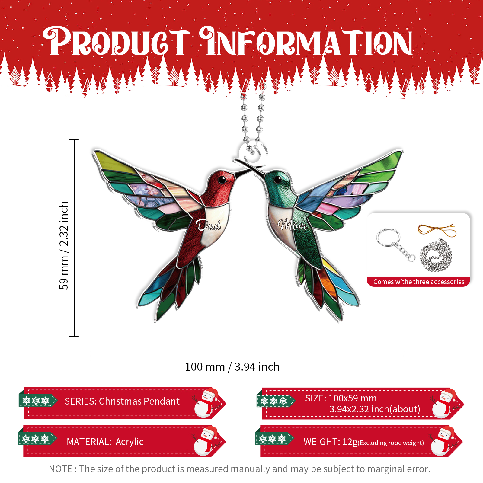 Personalised Hummingbird Family Christmas Ornament Custom 2 Names Gift