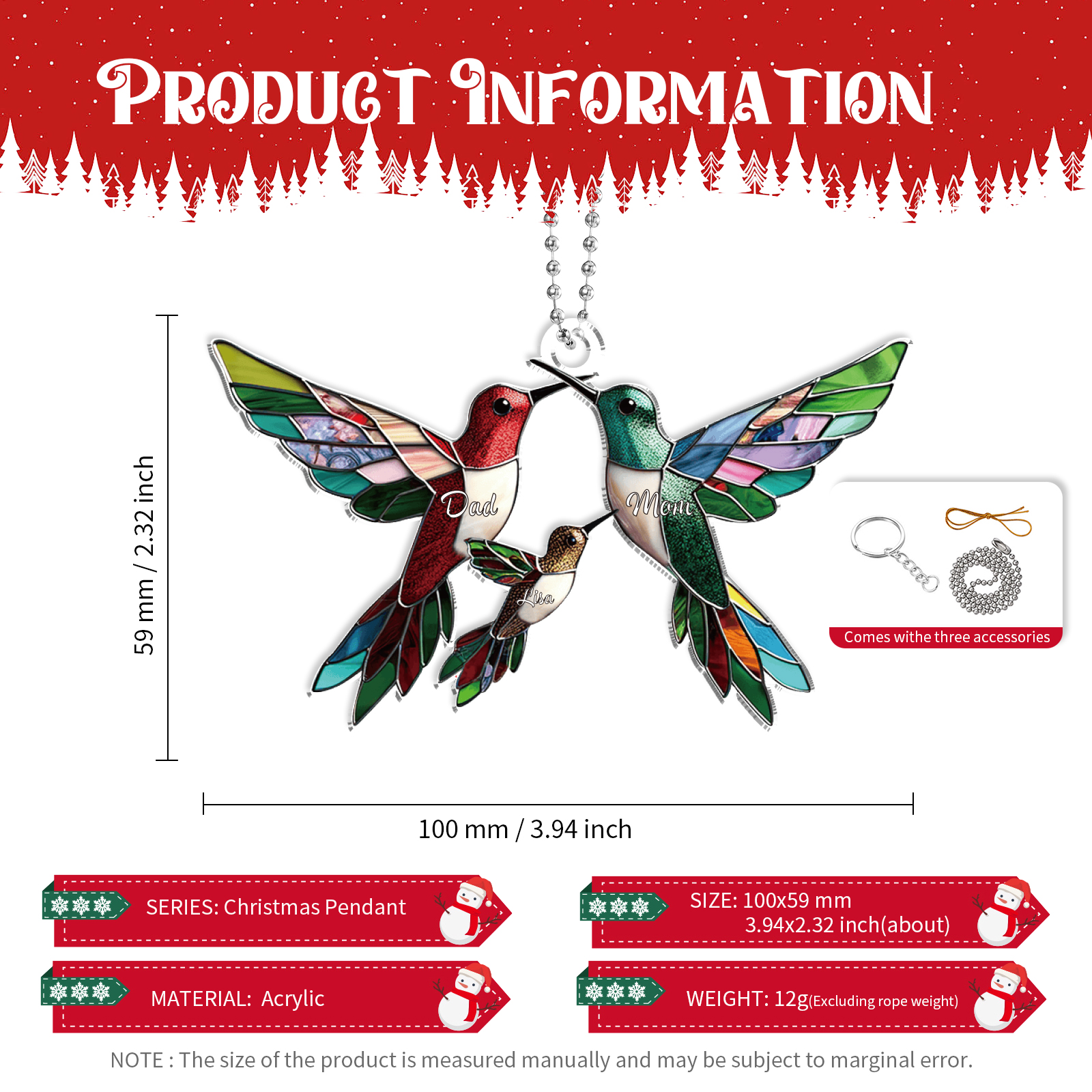 Personalised Hummingbird Family Christmas Ornament Custom 3 Names Gift