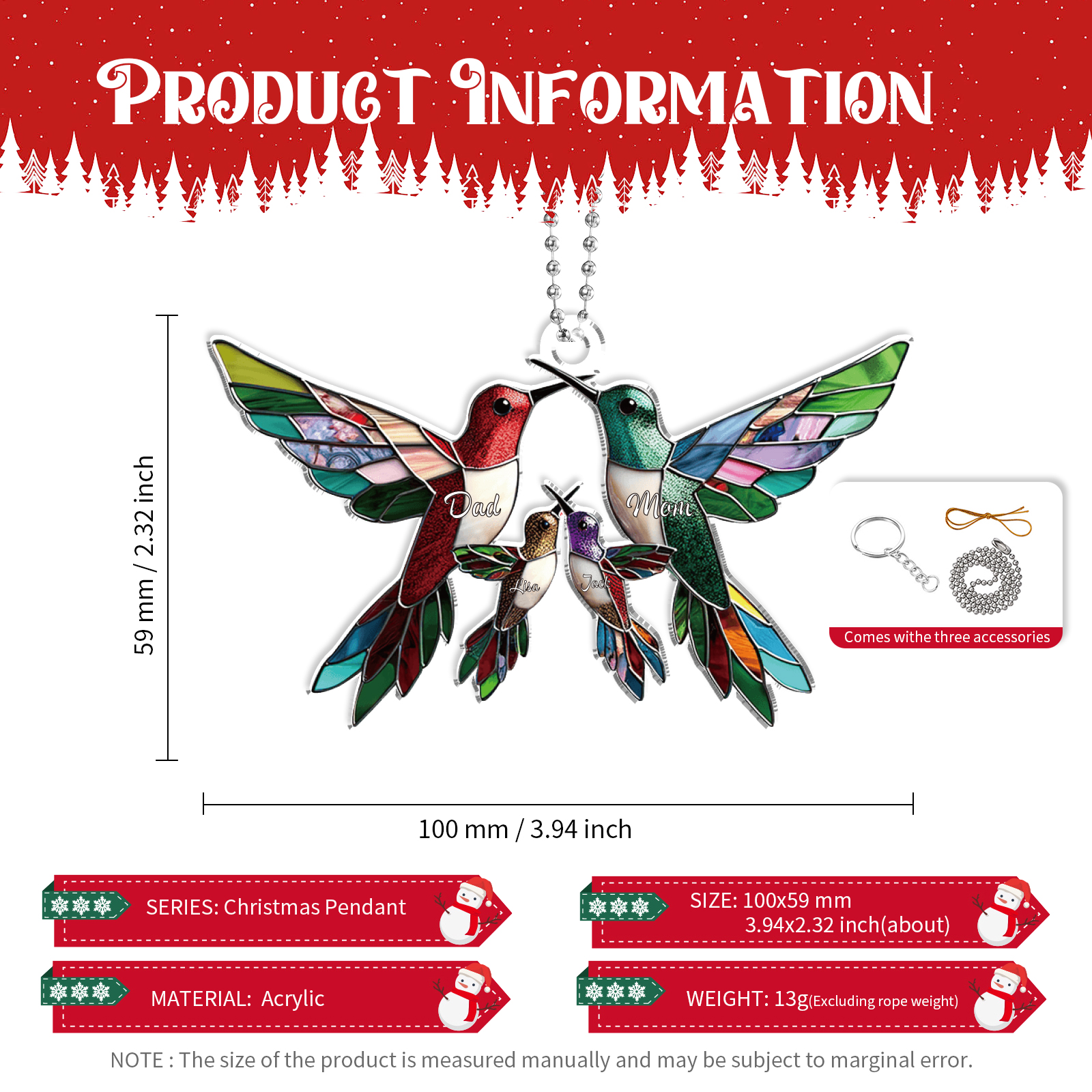 Personalised Hummingbird Family Christmas Ornament Custom 4 Names Gift