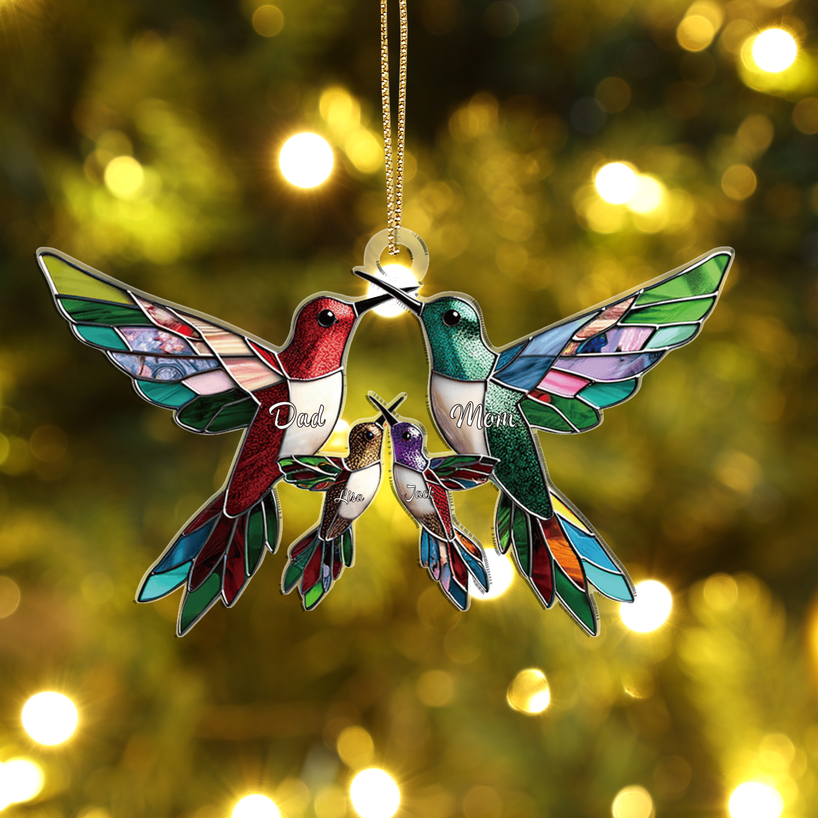 Personalised Hummingbird Family Christmas Ornament Custom 4 Names Gift