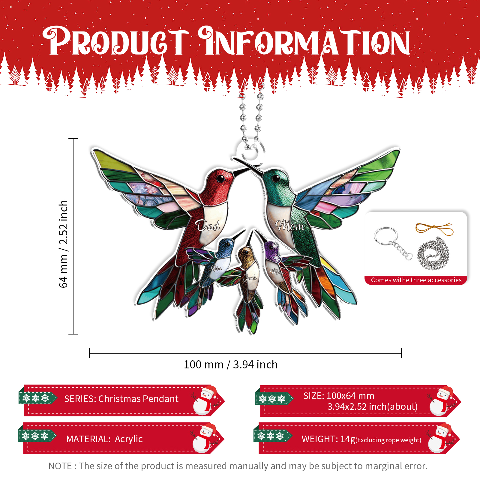 Personalised Hummingbird Family Christmas Ornament Custom 5 Names Gift-Jessemade AU