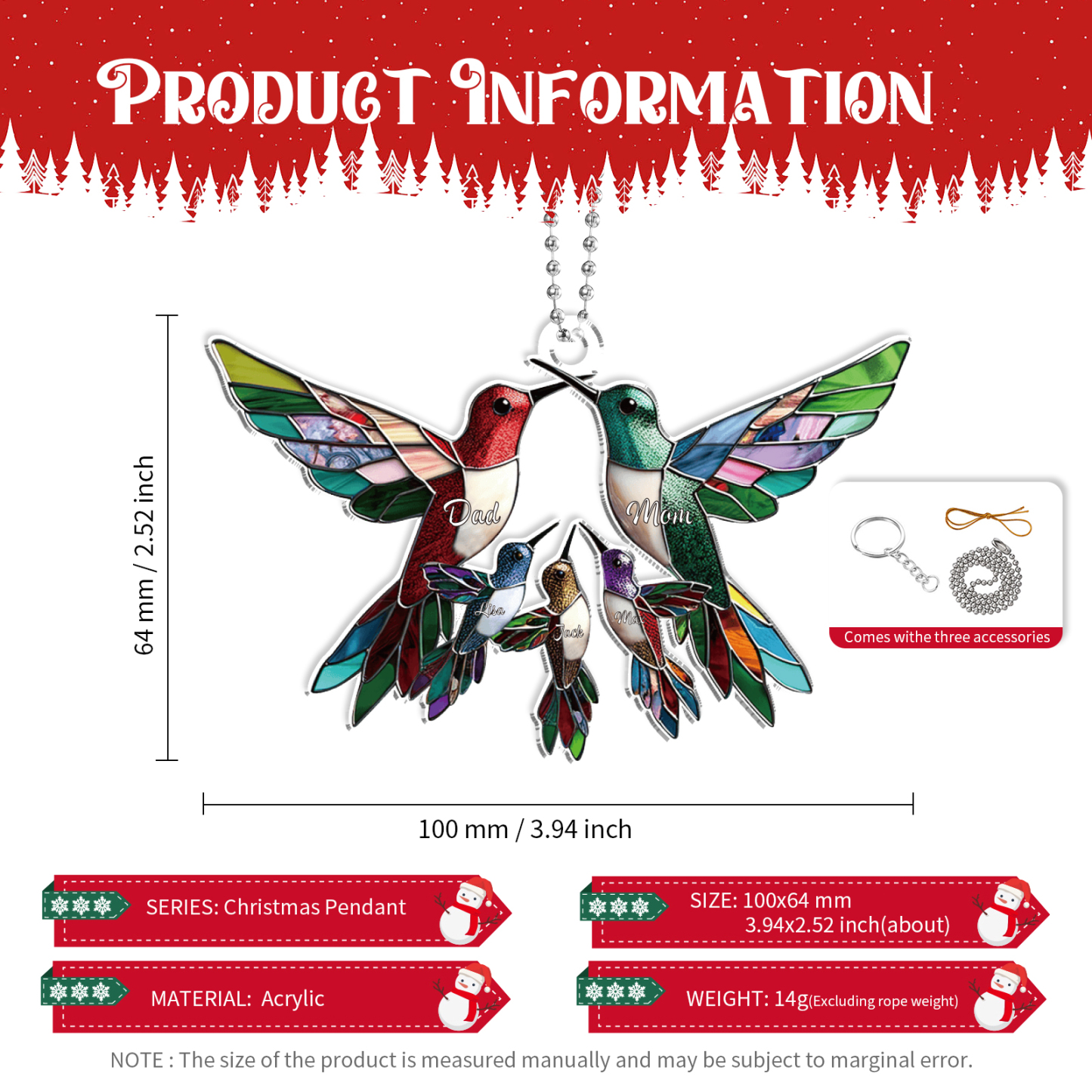 Personalised Hummingbird Family Christmas Ornament Custom 5 Names Gift-Jessemade AU