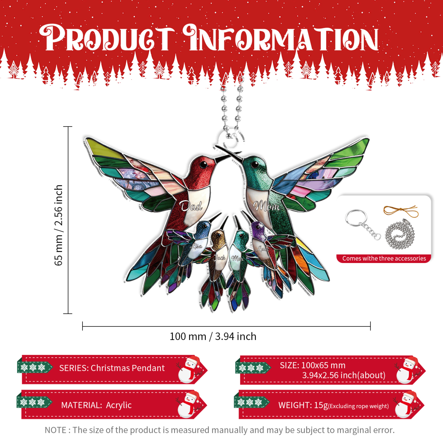 Personalised Hummingbird Family Christmas Ornament Custom 6 Names Gift-Jessemade AU