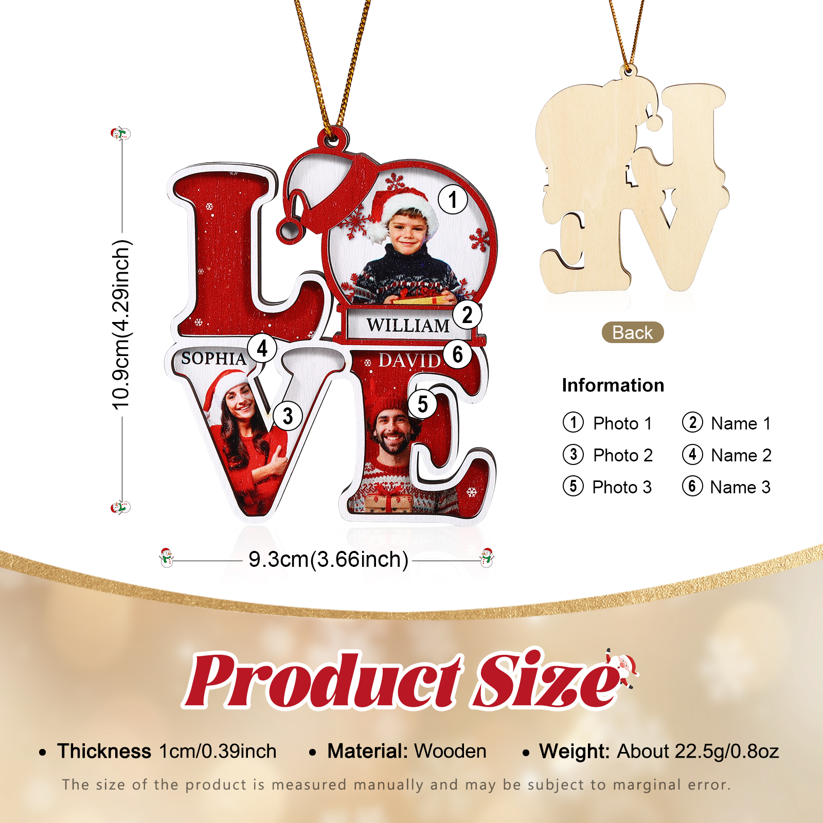 Personalised LOVE Christmas Ornament Custom Family Gift with 3 Photos & Names-Jessemade AU