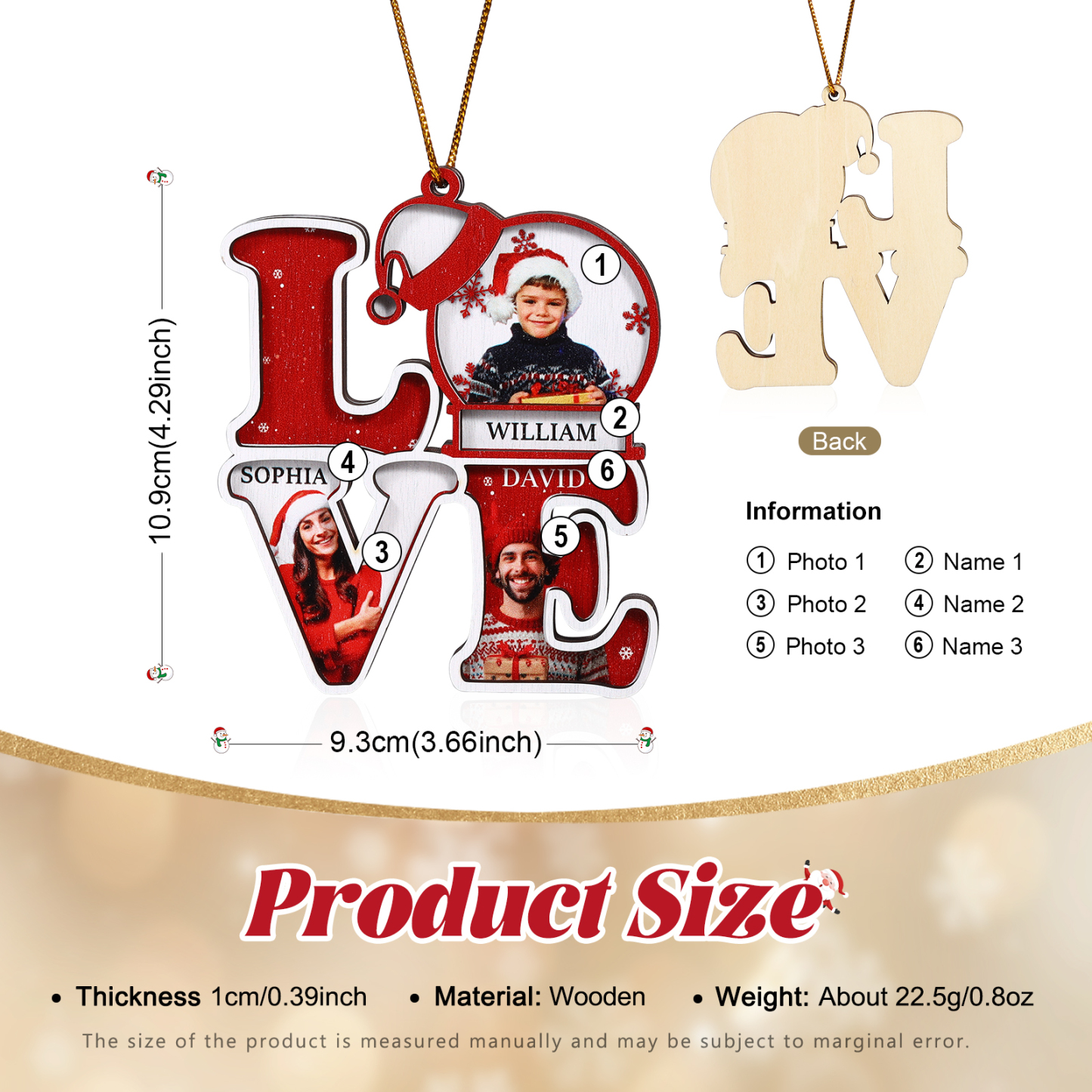 Personalised LOVE Christmas Ornament Custom Family Gift with 3 Photos & Names-Jessemade AU