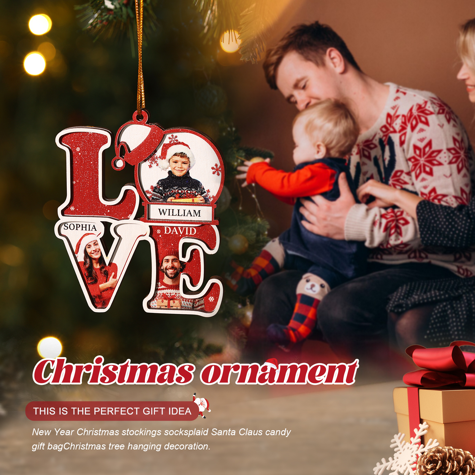 Personalised LOVE Christmas Ornament Custom Family Gift with 3 Photos & Names-Jessemade AU