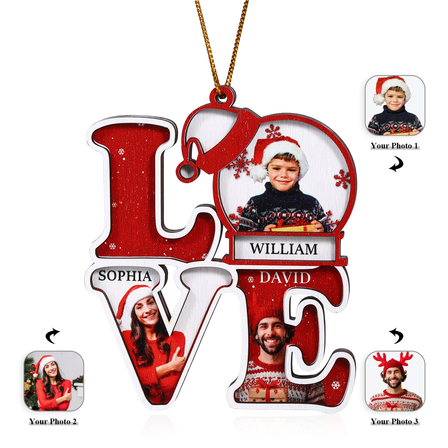 Personalised LOVE Christmas Ornament Custom Family Gift with 3 Photos & Names-Jessemade AU