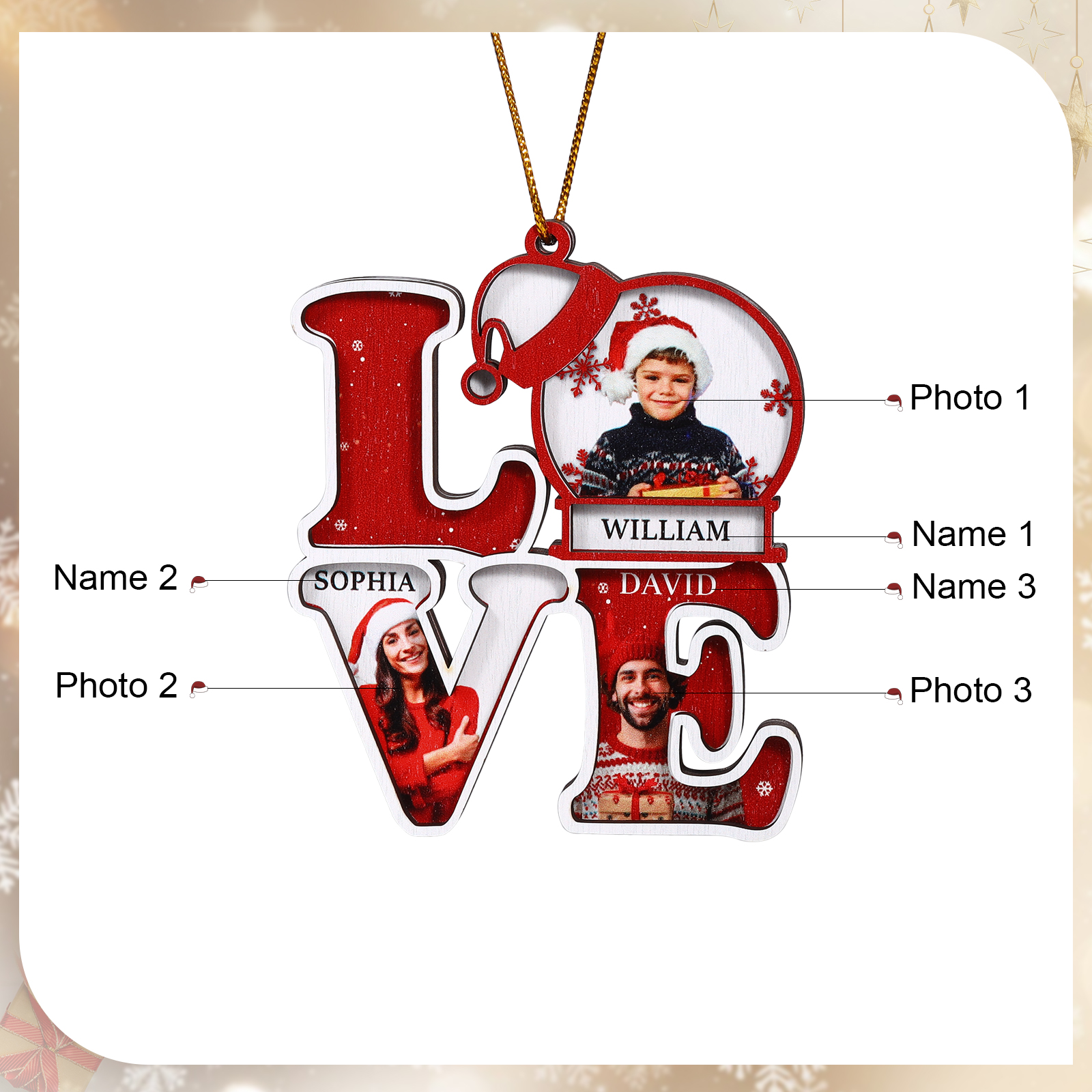 Personalised LOVE Christmas Ornament Custom Family Gift with 3 Photos & Names-Jessemade AU