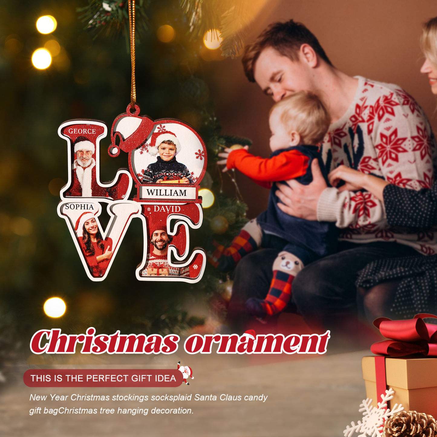 Personalised Family LOVE Christmas Ornament 4 Photos & Names-Jessemade AU