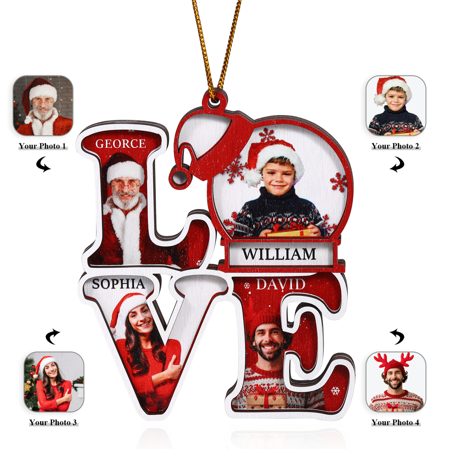 Personalised Family LOVE Christmas Ornament 4 Photos & Names-Jessemade AU
