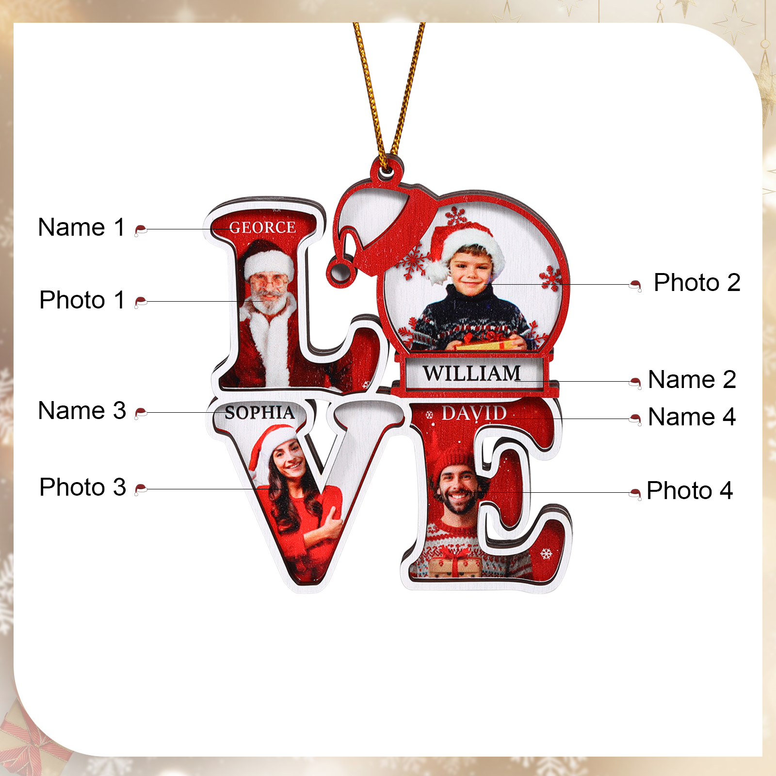 Personalised Family LOVE Christmas Ornament 4 Photos & Names