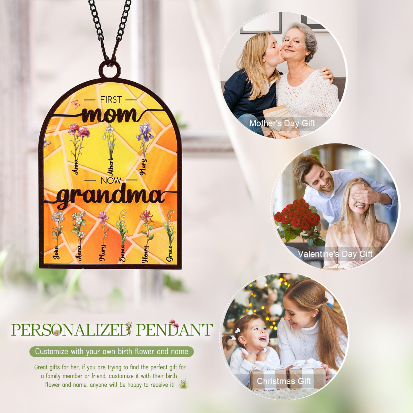 First Mom Now Grandma Family Personalised Window Hanging Suncatcher Gift For Mom Grandma