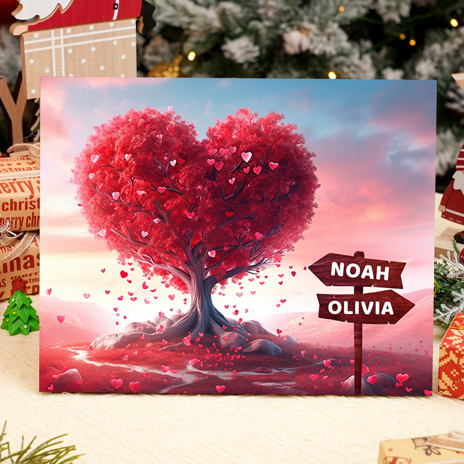 Personalised Heart Tree Wood Plaque Custom Family Gift with 2-6 Names Road Sign Frame