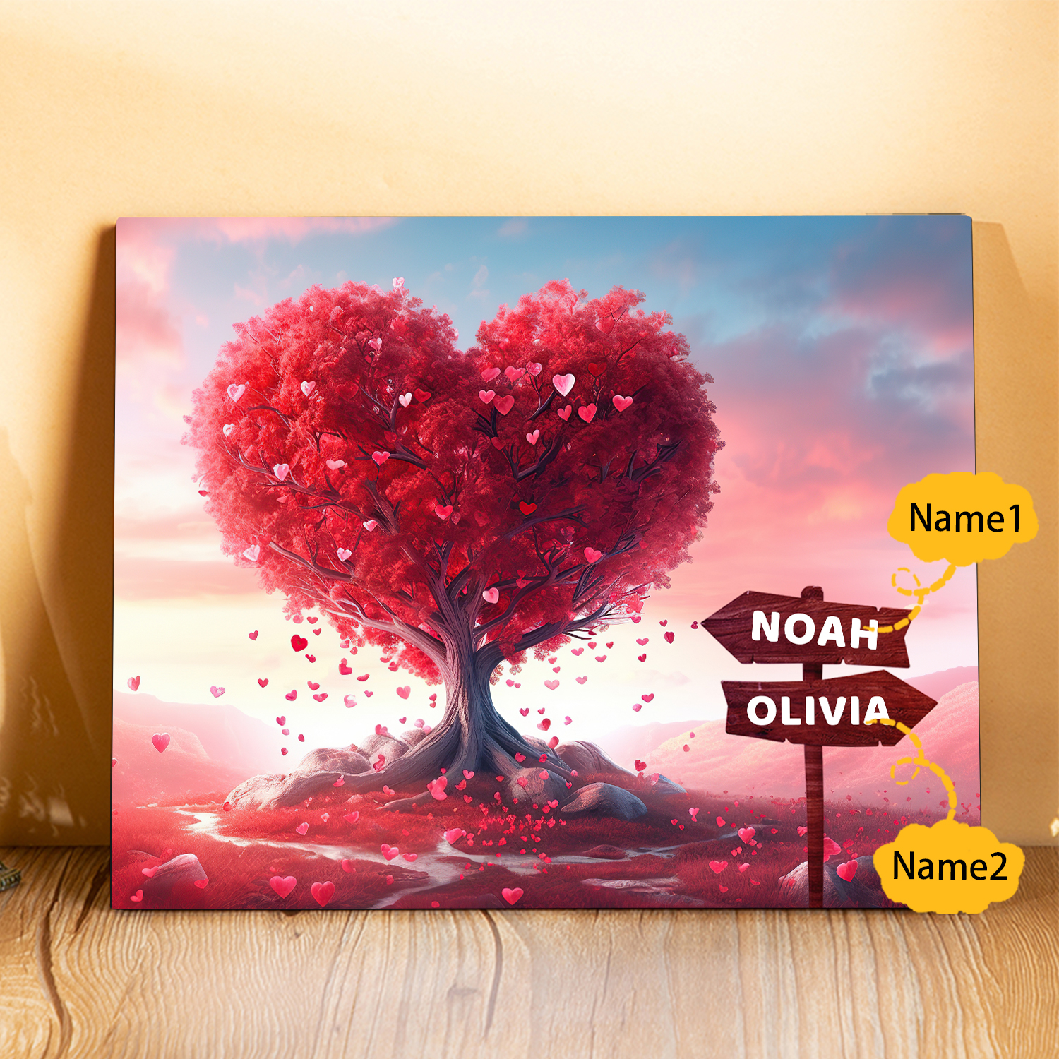 Personalised Heart Tree Wood Plaque Custom Family Gift with 2-6 Names Road Sign Frame