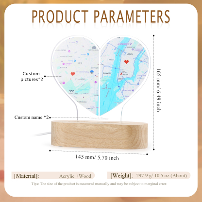 Personalised Two Location Heart Night Light Custom Map Print for Long Distance Love Anniversary and Couple Gifts
