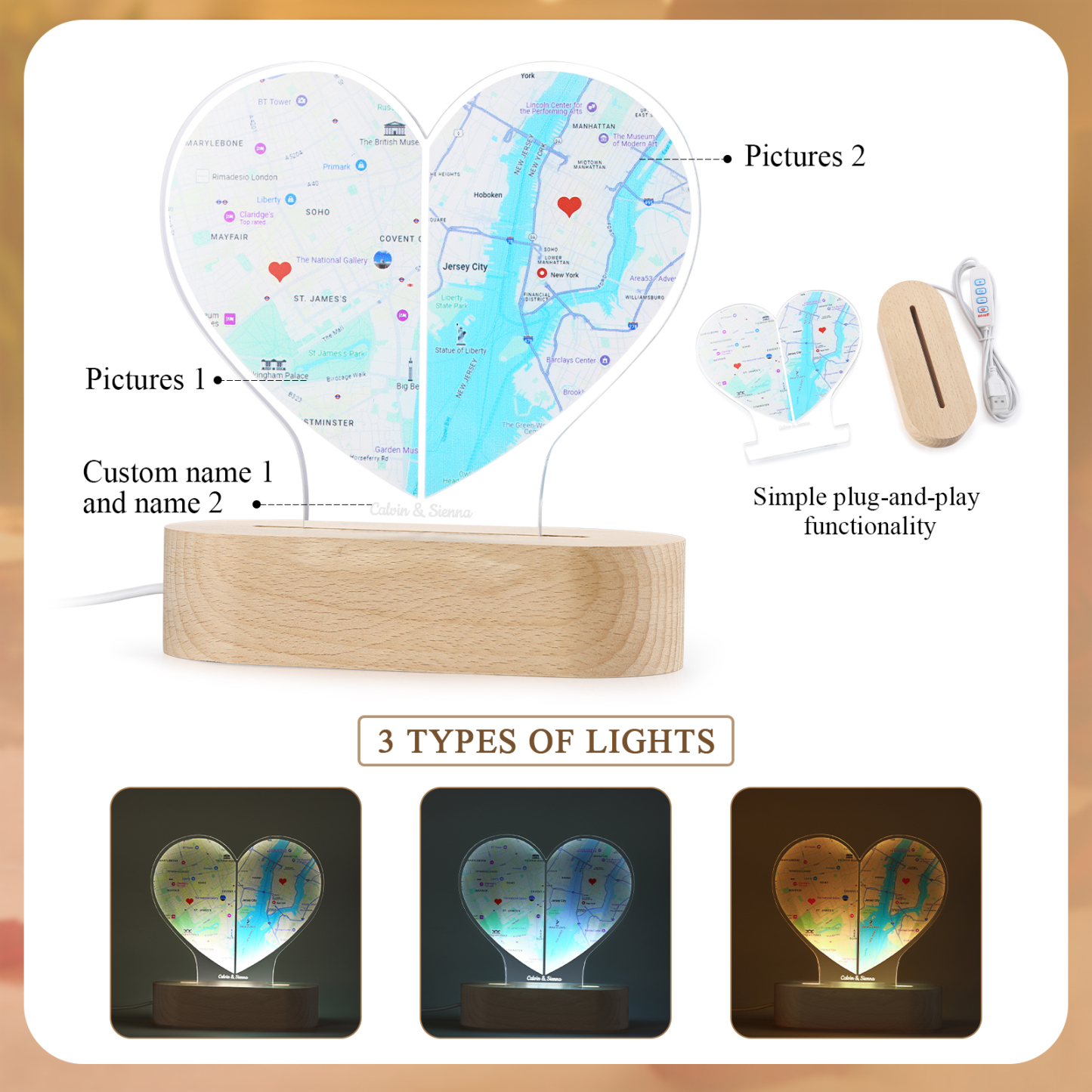 Personalised Two Location Heart Night Light Custom Map Print for Long Distance Love Anniversary and Couple Gifts