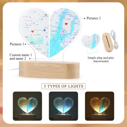 Personalised Two Location Heart Night Light Custom Map Print for Long Distance Love Anniversary and Couple Gifts