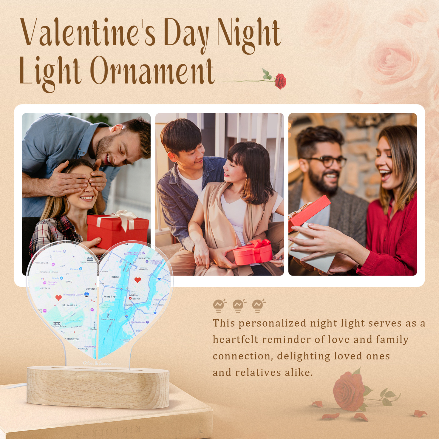 Personalised Two Location Heart Night Light Custom Map Print for Long Distance Love Anniversary and Couple Gifts
