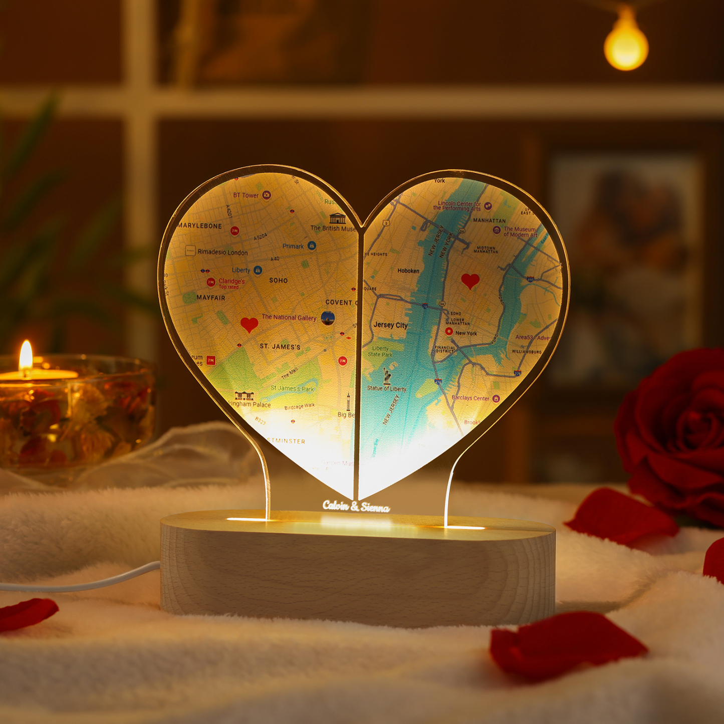 Personalised Two Location Heart Night Light Custom Map Print for Long Distance Love Anniversary and Couple Gifts