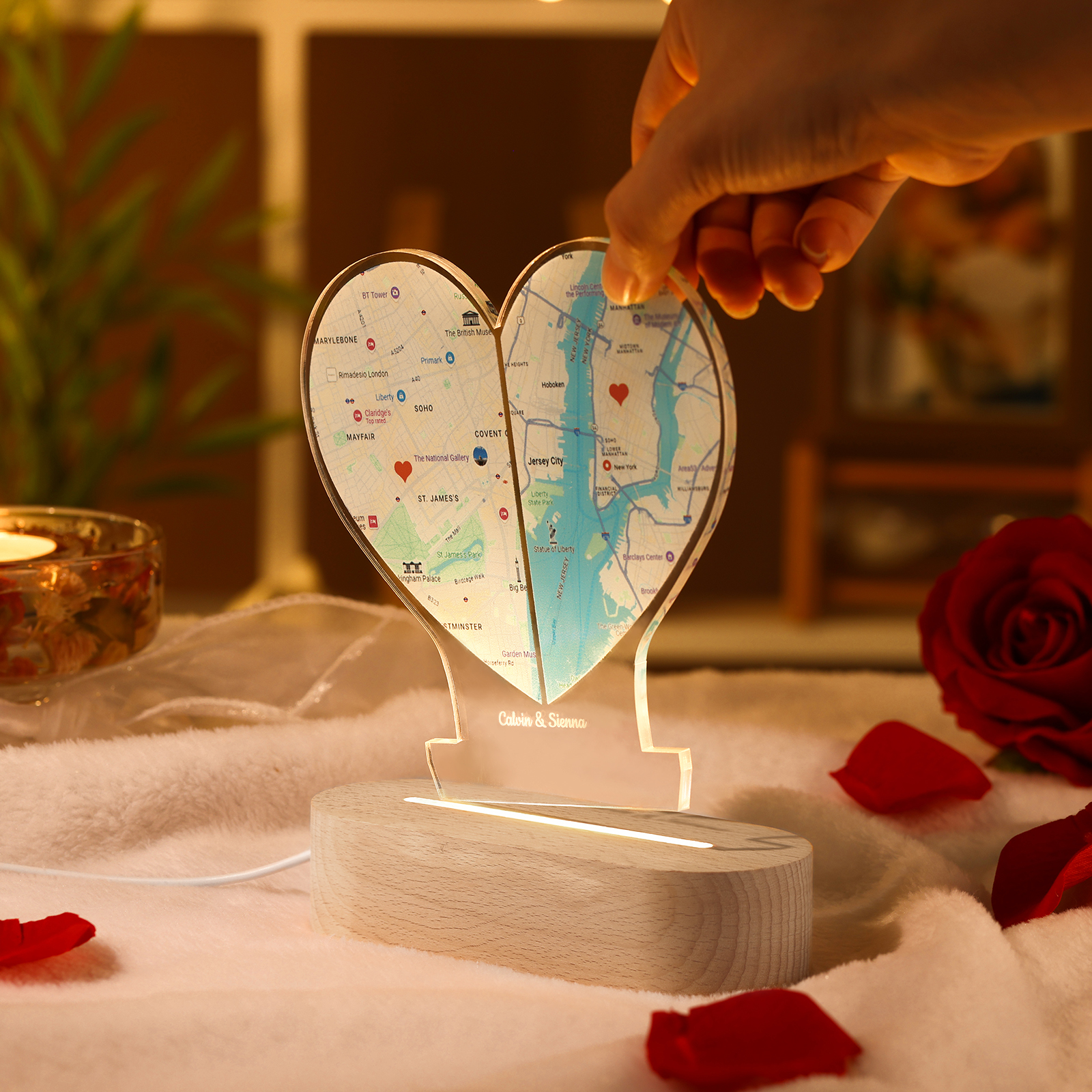 Personalised Two Location Heart Night Light Custom Map Print for Long Distance Love Anniversary and Couple Gifts