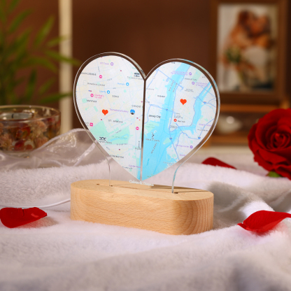 Personalised Two Location Heart Night Light Custom Map Print for Long Distance Love Anniversary and Couple Gifts