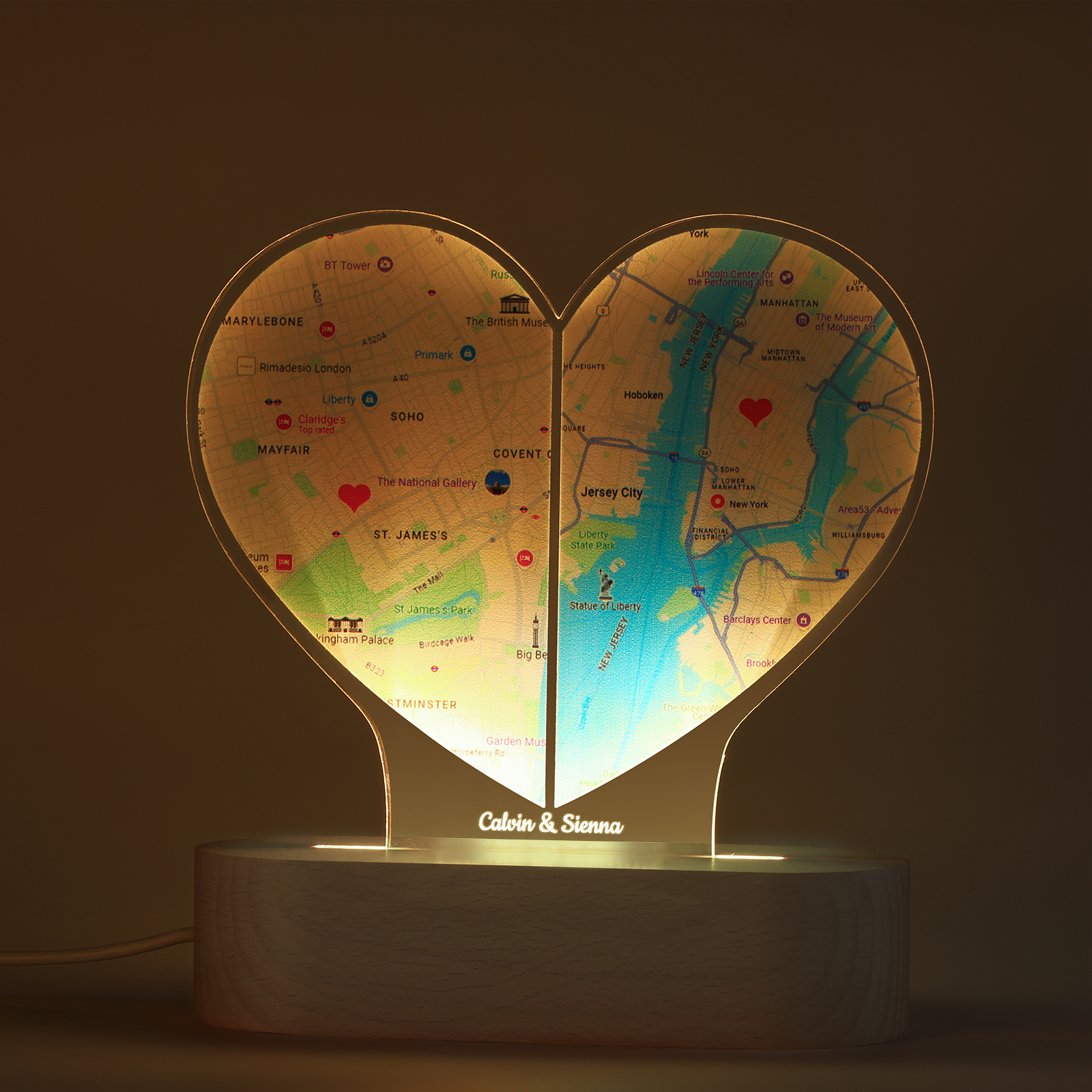 Personalised Two Location Heart Night Light Custom Map Print for Long Distance Love Anniversary and Couple Gifts