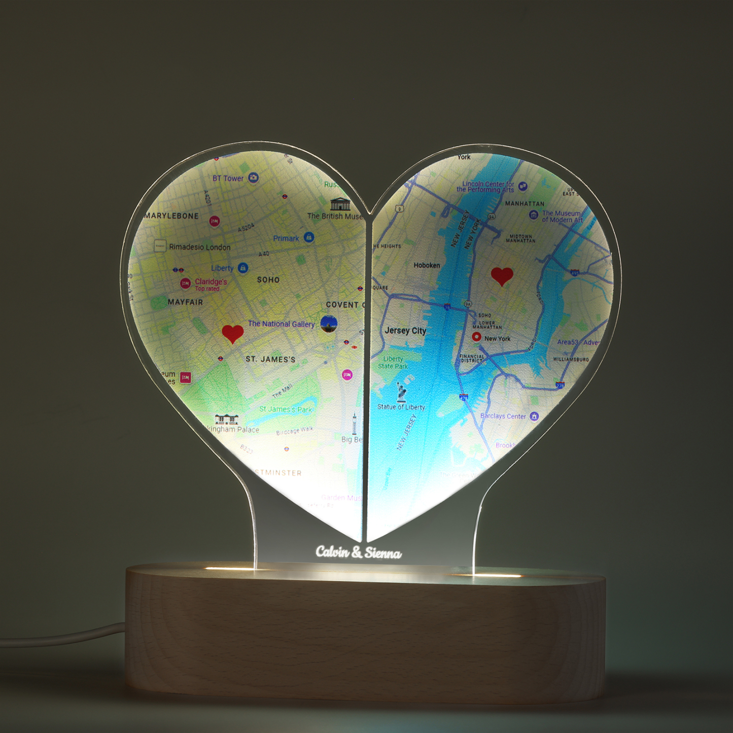 Personalised Two Location Heart Night Light Custom Map Print for Long Distance Love Anniversary and Couple Gifts