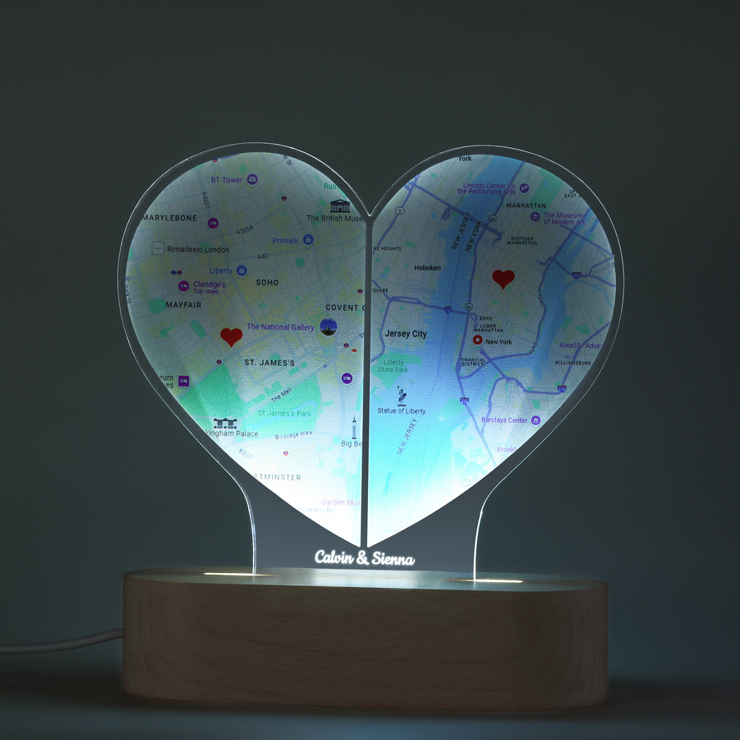 Personalised Two Location Heart Night Light Custom Map Print for Long Distance Love Anniversary and Couple Gifts