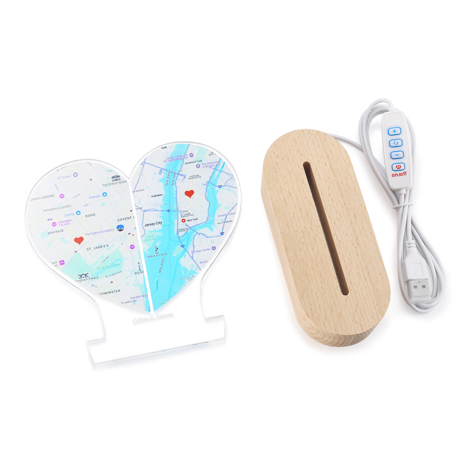 Personalised Two Location Heart Night Light Custom Map Print for Long Distance Love Anniversary and Couple Gifts