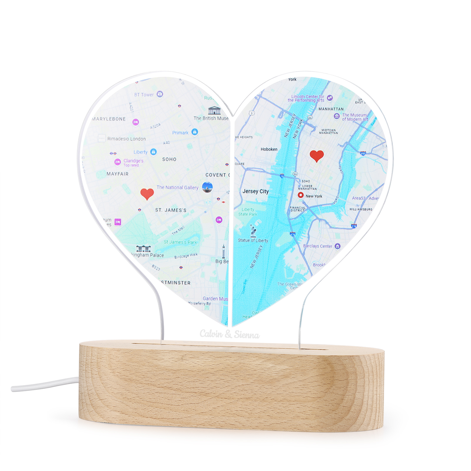Personalised Two Location Heart Night Light Custom Map Print for Long Distance Love Anniversary and Couple Gifts