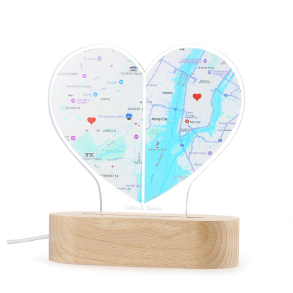 Personalised Two Location Heart Night Light Custom Map Print for Long Distance Love Anniversary and Couple Gifts