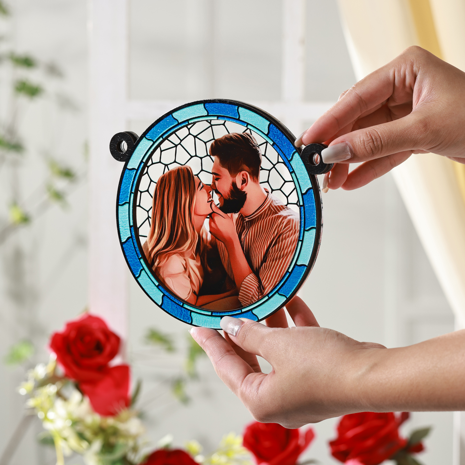 Custom Photo Where There Is Love There Is Life Couple Personalised Window Hanging Suncatcher Ornament Gift For Husband Wife