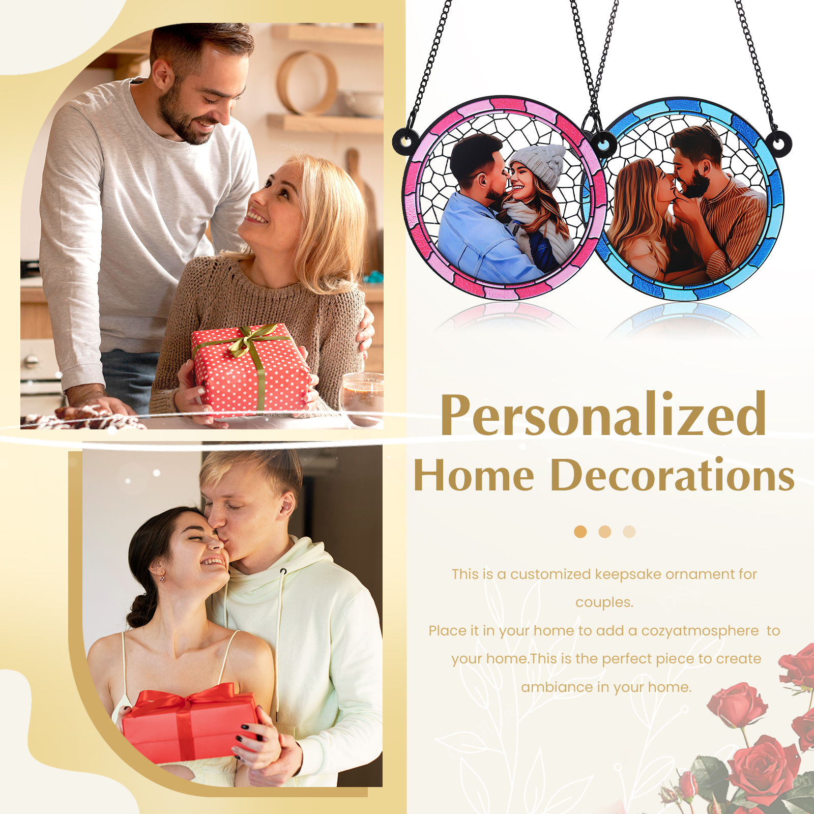 Custom Photo Where There Is Love There Is Life Couple Personalised Window Hanging Suncatcher Ornament Gift For Husband Wife