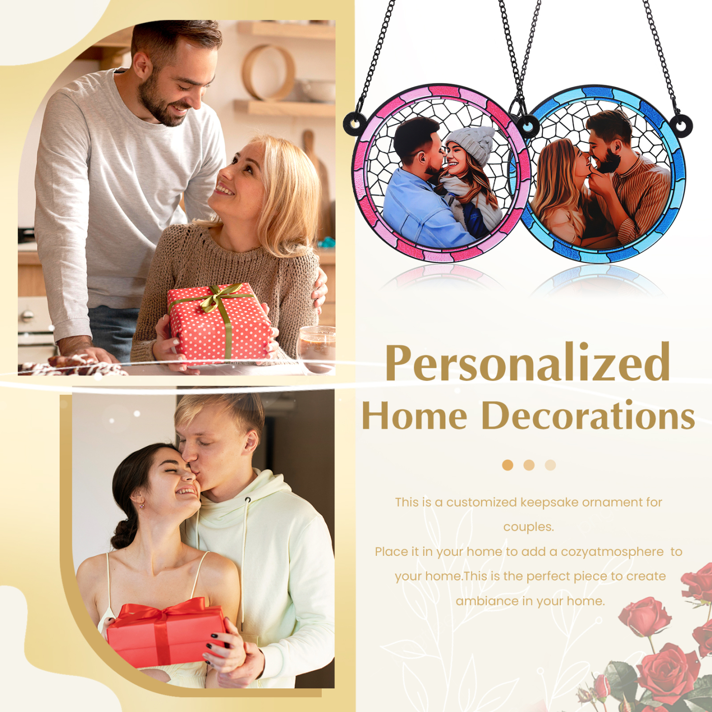Custom Photo Where There Is Love There Is Life Couple Personalised Window Hanging Suncatcher Ornament Gift For Husband Wife