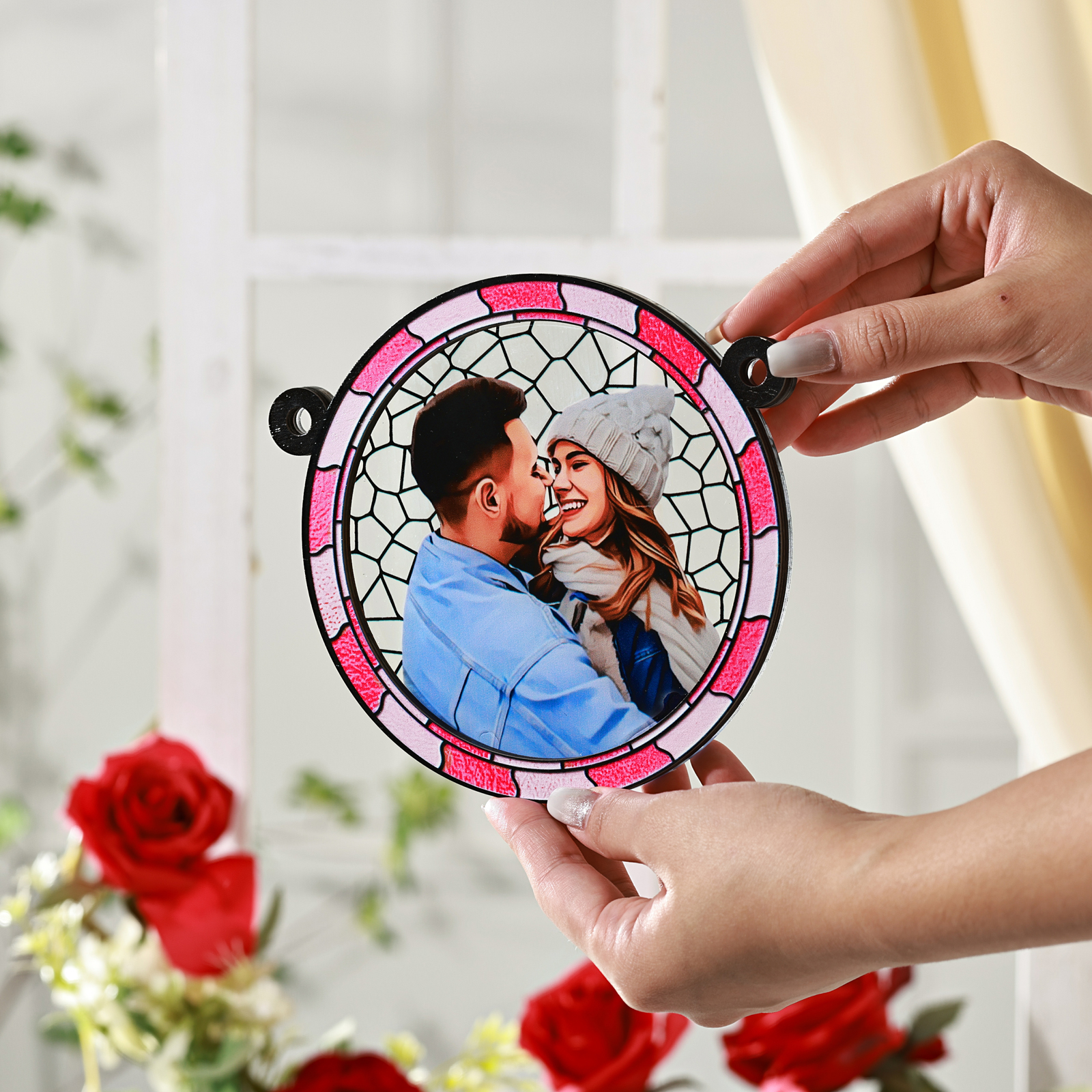 Custom Photo Where There Is Love There Is Life Couple Personalised Window Hanging Suncatcher Ornament Gift For Husband Wife