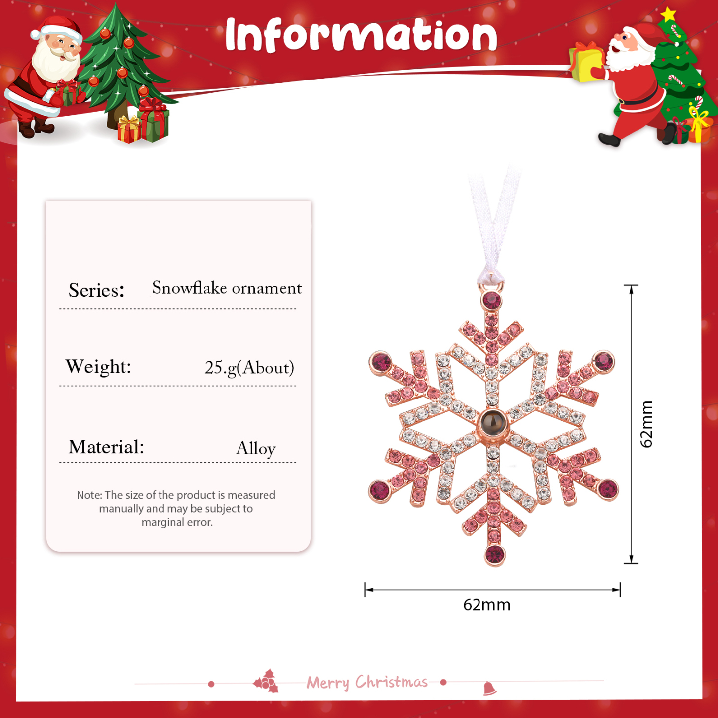 Personalised Christmas Tree Ornament with Photo Projection Snowflake Hanging Ornament in Pink or Blue