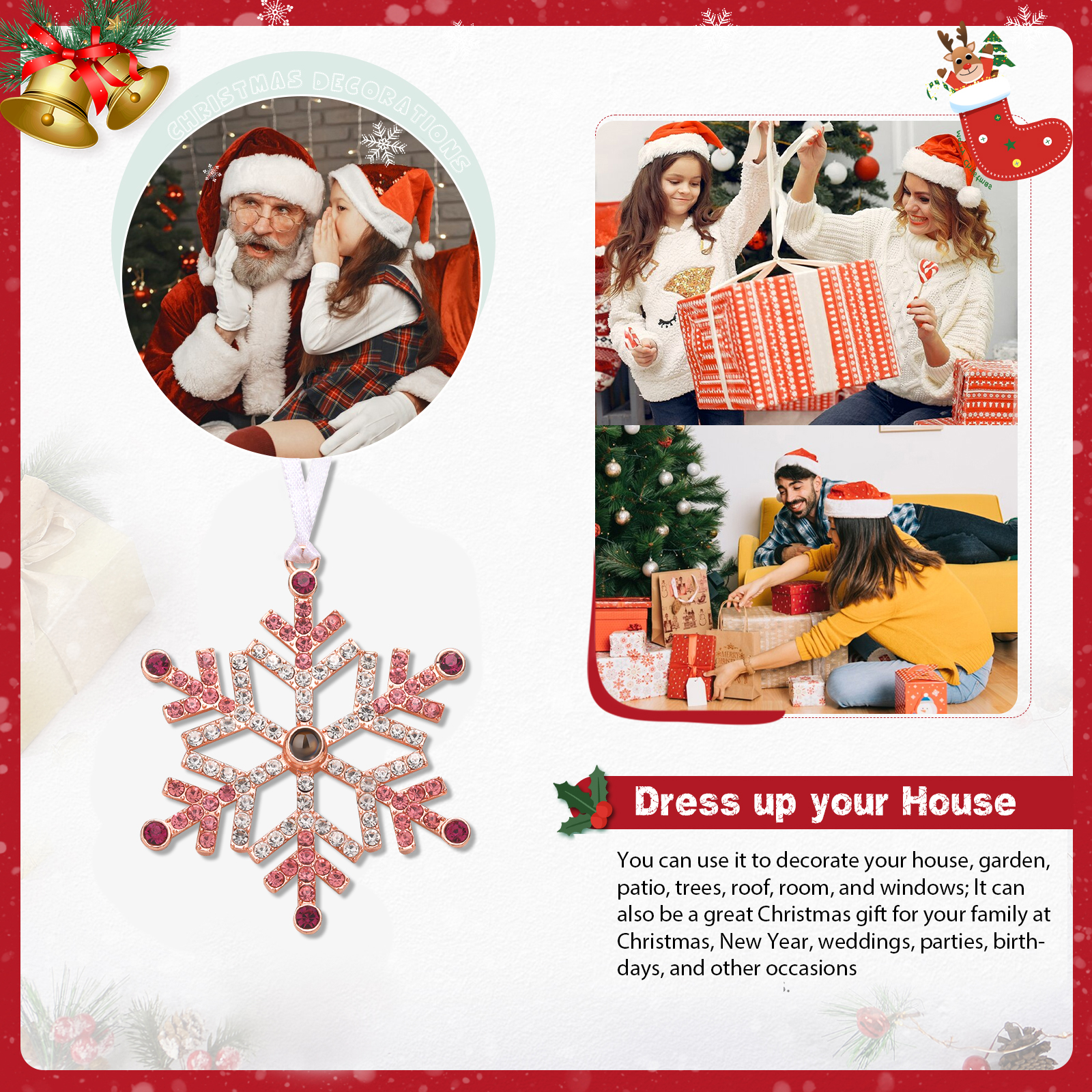 Personalised Christmas Tree Ornament with Photo Projection Snowflake Hanging Ornament in Pink or Blue