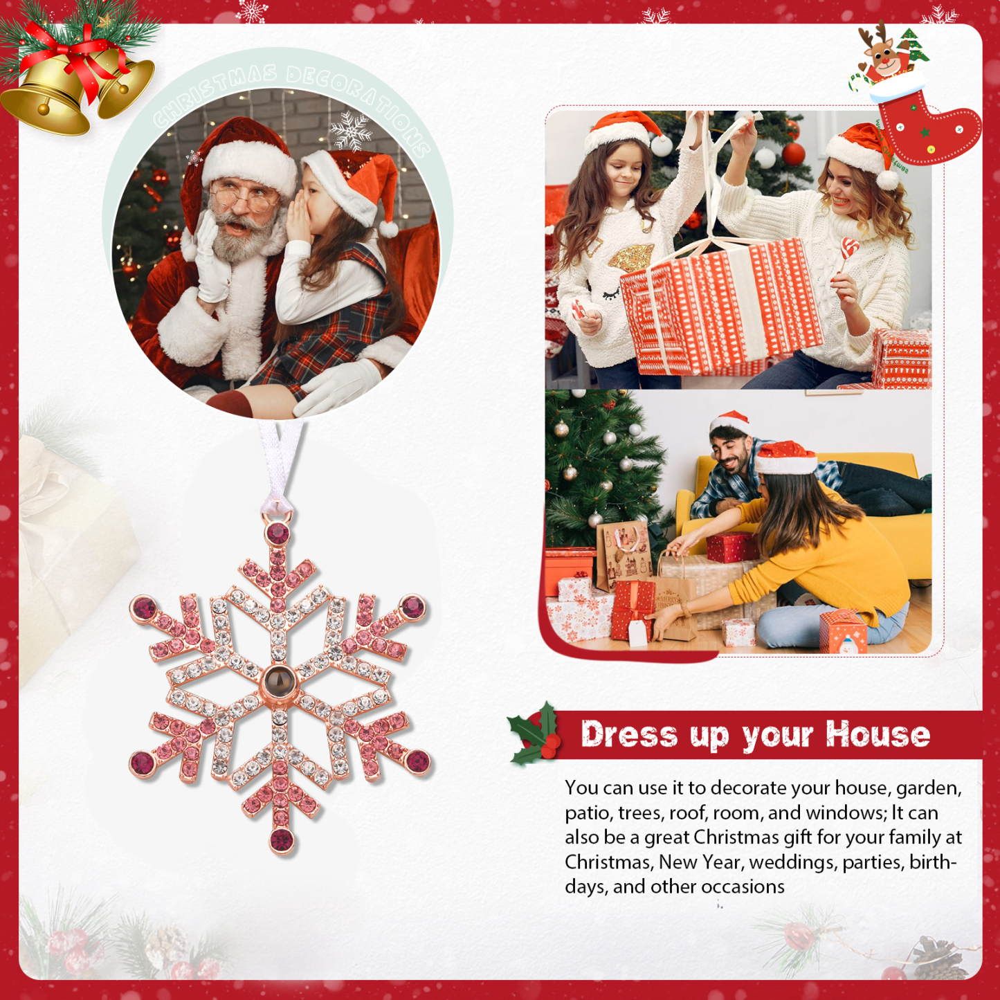 Personalised Christmas Tree Ornament with Photo Projection Snowflake Hanging Ornament in Pink or Blue