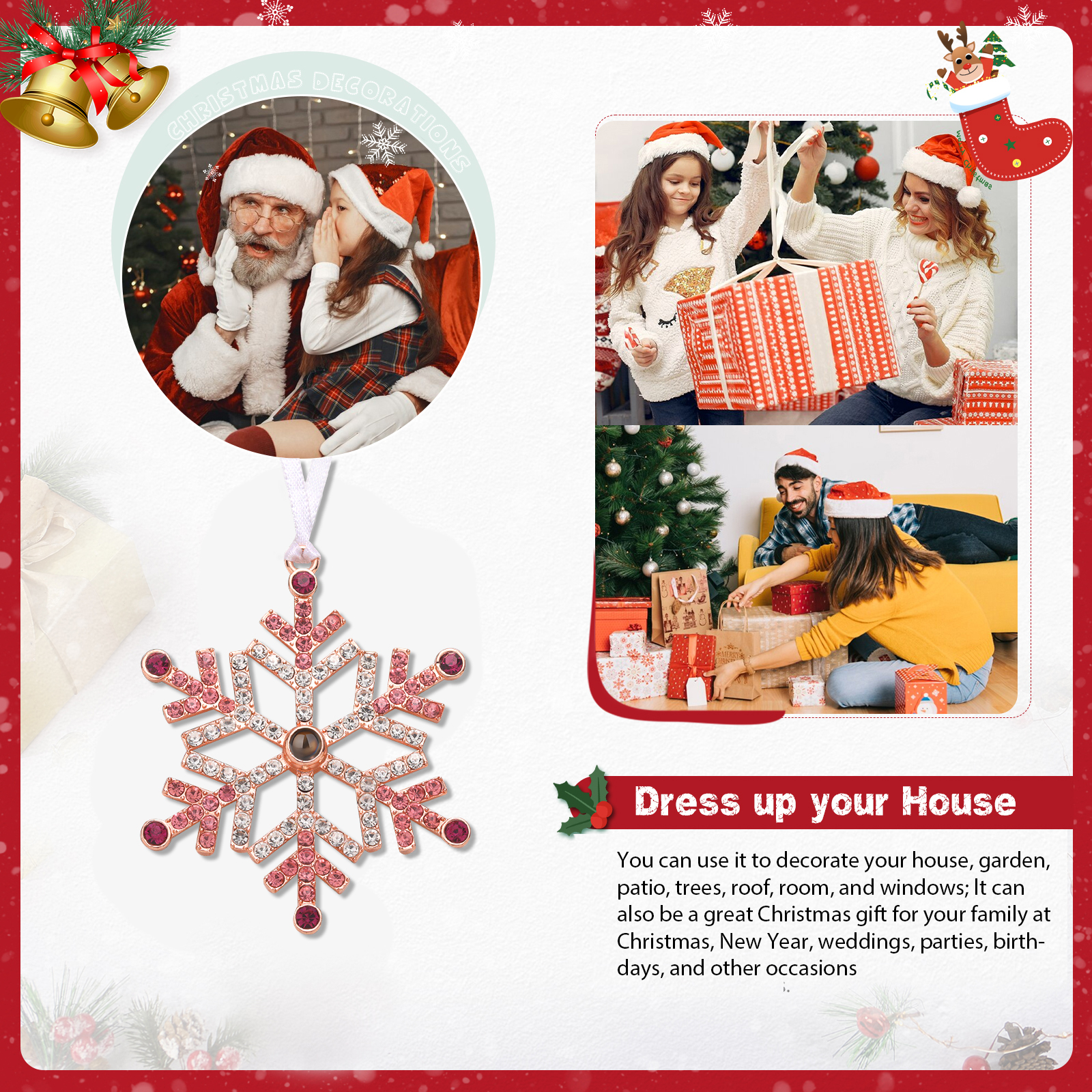 Personalised Christmas Tree Ornament with Photo Projection Snowflake Hanging Ornament in Pink or Blue