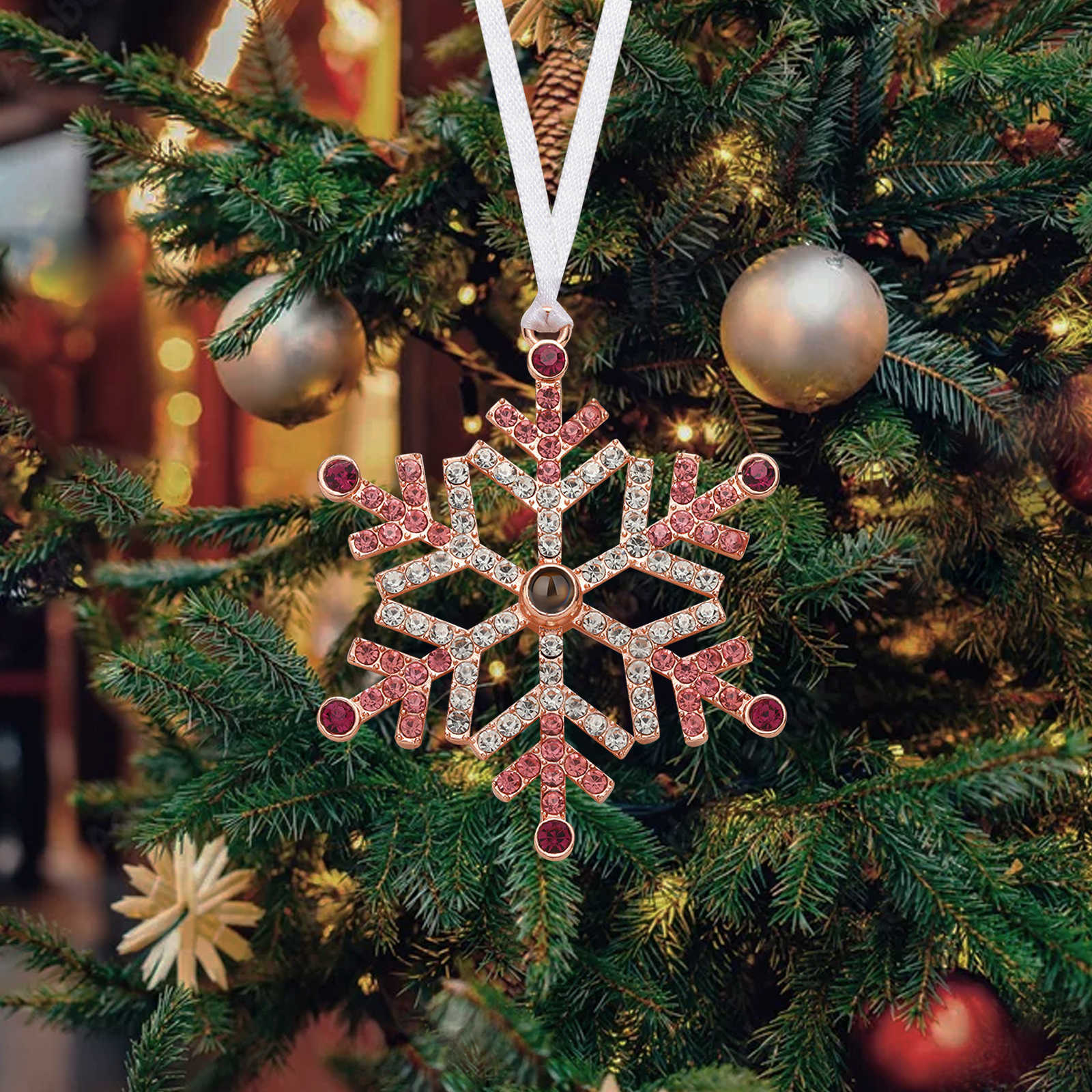 Personalised Christmas Tree Ornament with Photo Projection Snowflake Hanging Ornament in Pink or Blue